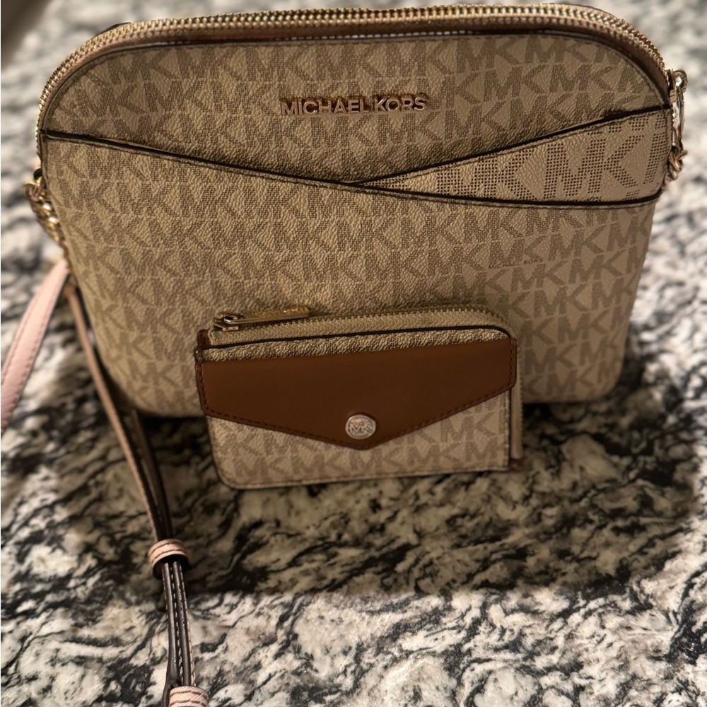 Michael Kors Cream and Brown Crossbody Bag with Wallet